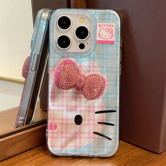 Charming Hello Kitty Glitter Bow Phone Case | Grid Pattern with a Touch of Sparkle