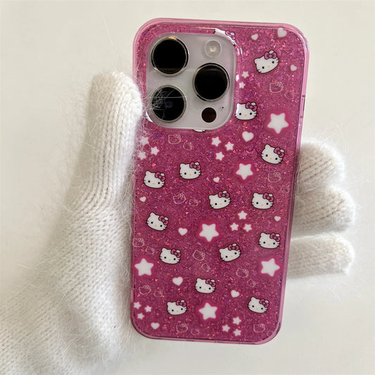 Adorable Hello Kitty Pink Phone Case with Glittering Stars
