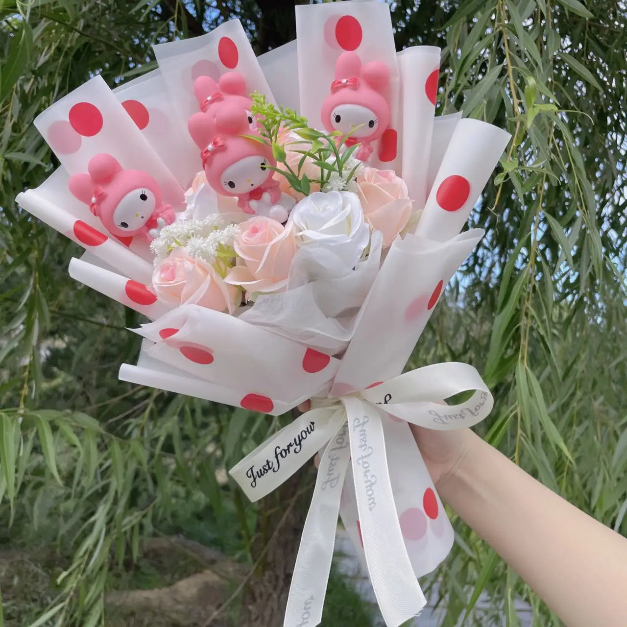 Adorable My Melody Doll | Surrounded by a Beautiful Artificial Flower Bouquet
