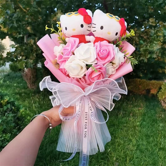 Charming Hello Kitty Plush Bouquet | Featuring Sunglasses and Pink & White Flowers