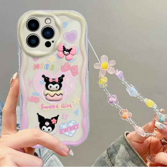 Cute Kuromi Phone Case with Flower Wrist Strap in White