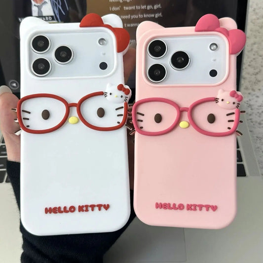 Cute Sanrio Hello Kitty 3D Glasses Phone Case – Soft Protective Cover