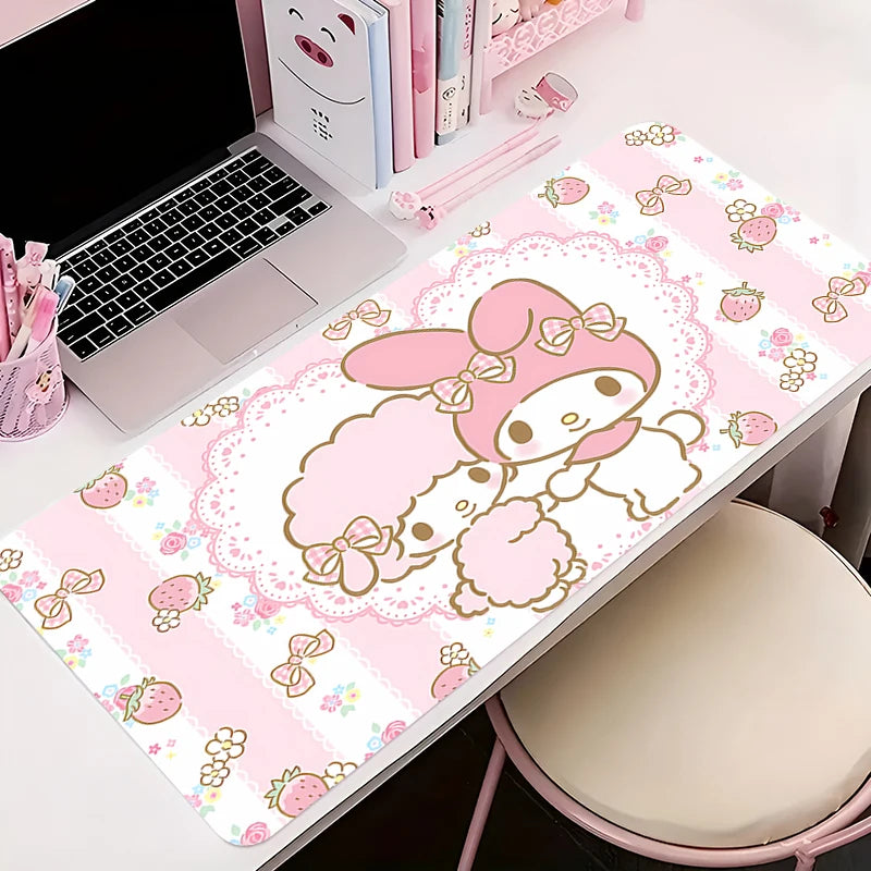 Cute and functional My Melody desk mat – perfect as a mousepad and table protector.