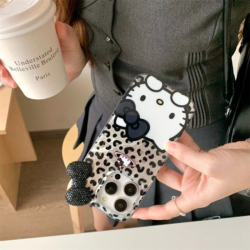 Hello Kitty Black & White Diamond Knot iPhone Case – Chic and Stylish