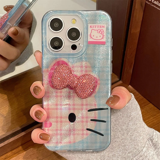 Charming Hello Kitty Glitter Bow Phone Case | Grid Pattern with a Touch of Sparkle