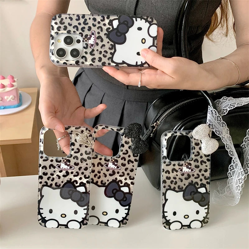 Hello Kitty iPhone Case – Black or White with Elegant Diamond Knot