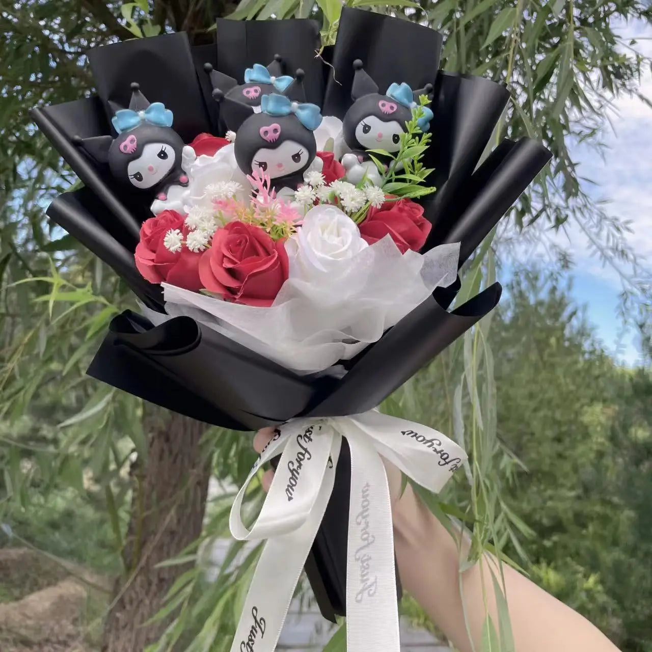 Kuromi Doll with Artificial Flower Bouquet | Charming Floral Companion