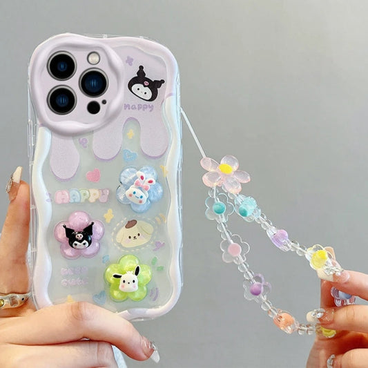 Kuromi Phone Case in Purple with Flower Wrist Strap
