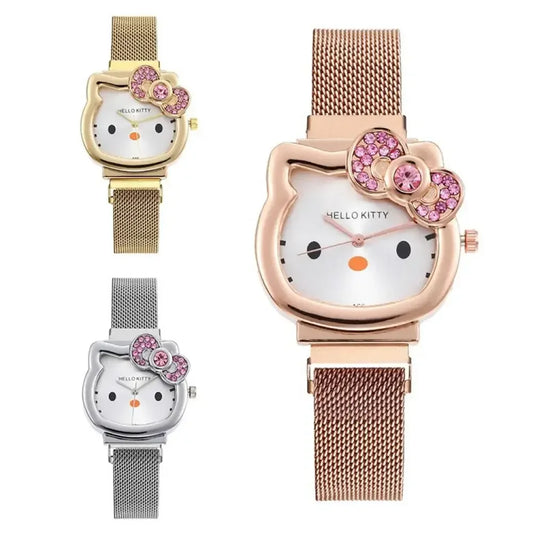 Luxury Hello Kitty Quartz Watch with Diamond Bow – Elegant Cartoon Wristwatch