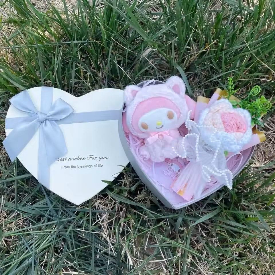 Sanrio My Melody Plush Toy Heart Shape Gift Box | My Melody Stuff Toy with Crochet Rose Bouquet