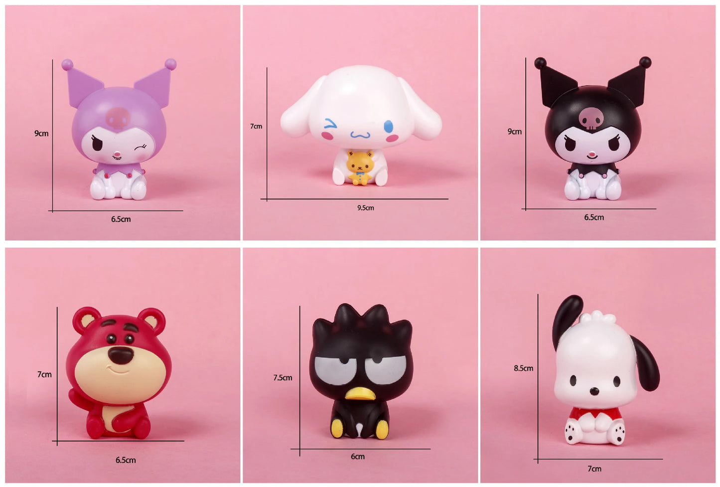 Pochacco, Kuromi, Cinnamoroll, Strawberry Bear, and Badtz-Maru Figurine Set