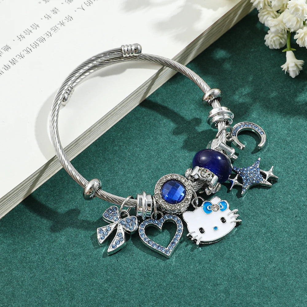 Bracelets featuring Hello Kitty Charms | Pendant embellished with Blue Hollow Rhinestones