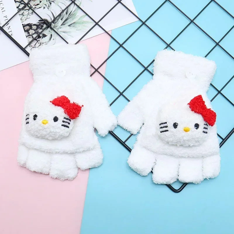 Sanrio Hello Kitty Winter Gloves for Kids – Cute Half Finger Knitted Coldproof Design