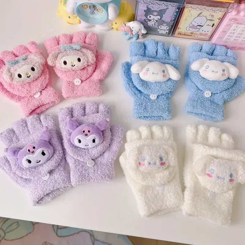 Sanrio Kids' Coldproof Knitted Gloves – Flap Open Half Finger for Warm Winter Adventures
