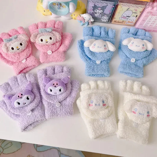 Sanrio Kids' Coldproof Knitted Gloves – Flap Open Half Finger for Warm Winter Adventures