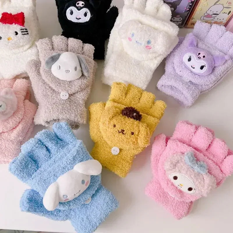 Sanrio Kids' Coldproof Knitted Half Finger Gloves – Warm & Cozy with Flap Opening