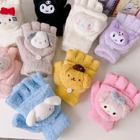 Sanrio Kids' Coldproof Knitted Half Finger Gloves – Warm & Cozy with Flap Opening