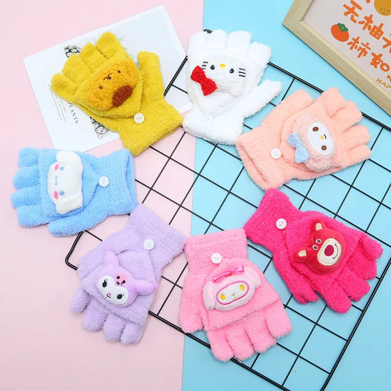 Sanrio Kids' Winter Gloves – Adorable Knitted Half Finger Coldproof Gloves with Flap