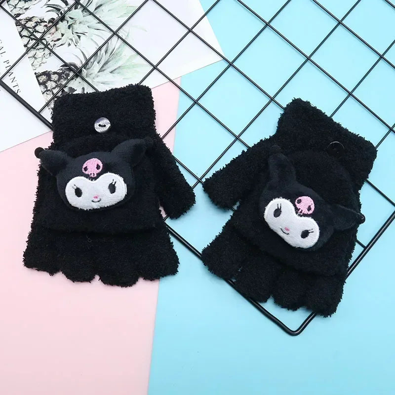 Sanrio Kuromi Knitted Coldproof Half Finger Gloves – Perfect for Kids’ Winter Play