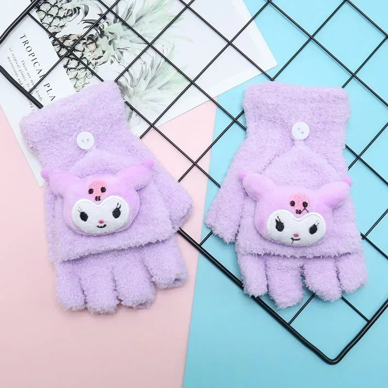 Sanrio Kuromi Winter Gloves for Kids – Cute Half Finger Knitted Coldproof Design