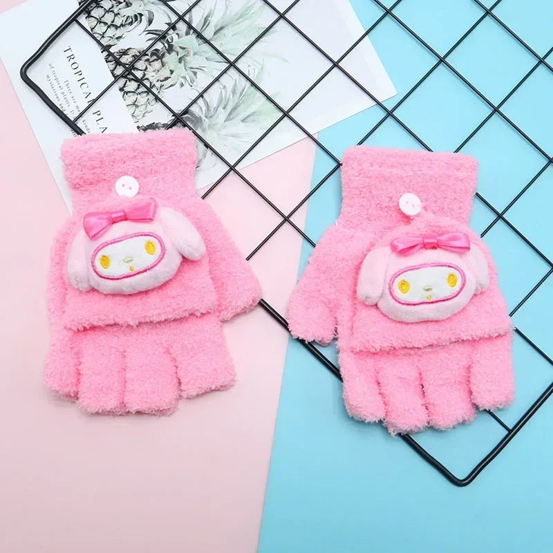 Sanrio My Melody Winter Gloves for Kids – Cute Half Finger Knitted Coldproof Design