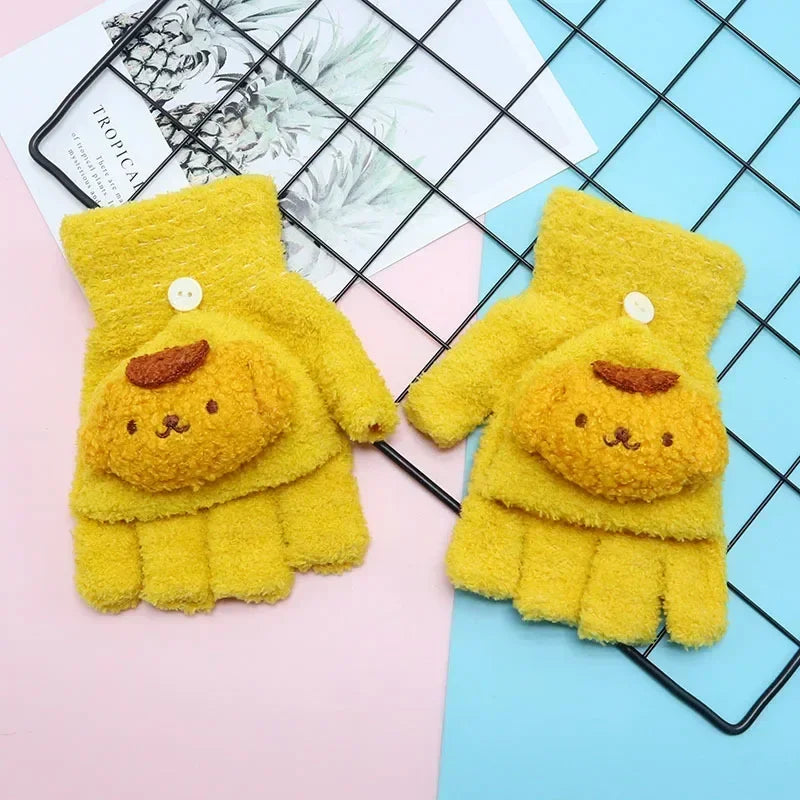 Sanrio Pompompurin Winter Gloves for Kids – Cute Half Finger Knitted Coldproof Design