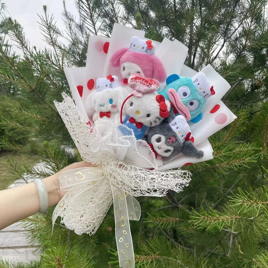 Hello Kitty and Friends Plush Bouquet with Charming Kitty Hats (Cinnamoroll, Kuromi, My Melody, Hangyodon)
