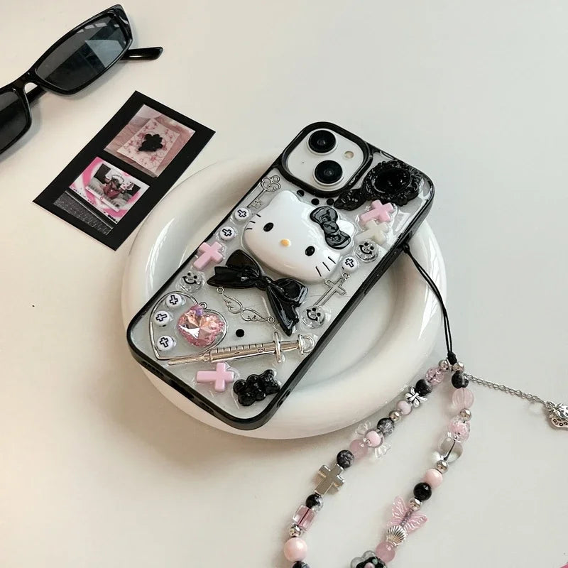 3D Kawaii Hello Kitty Gothic Phone Case with Beaded Lanyard