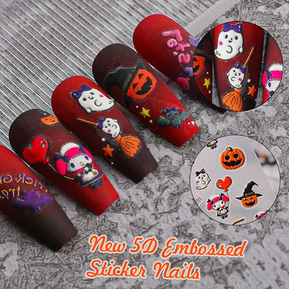 5D DIY Nail Art with Sanrio Character in Halloween Pumpkin Relief Nail Stickers