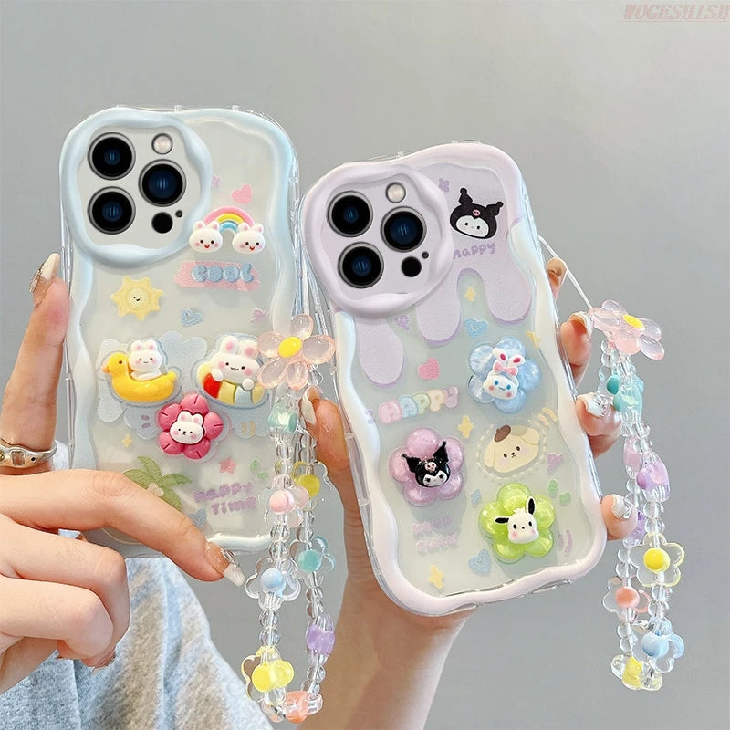 Adorable Kuromi Phone Case with White/Purple Floral Wrist Strap