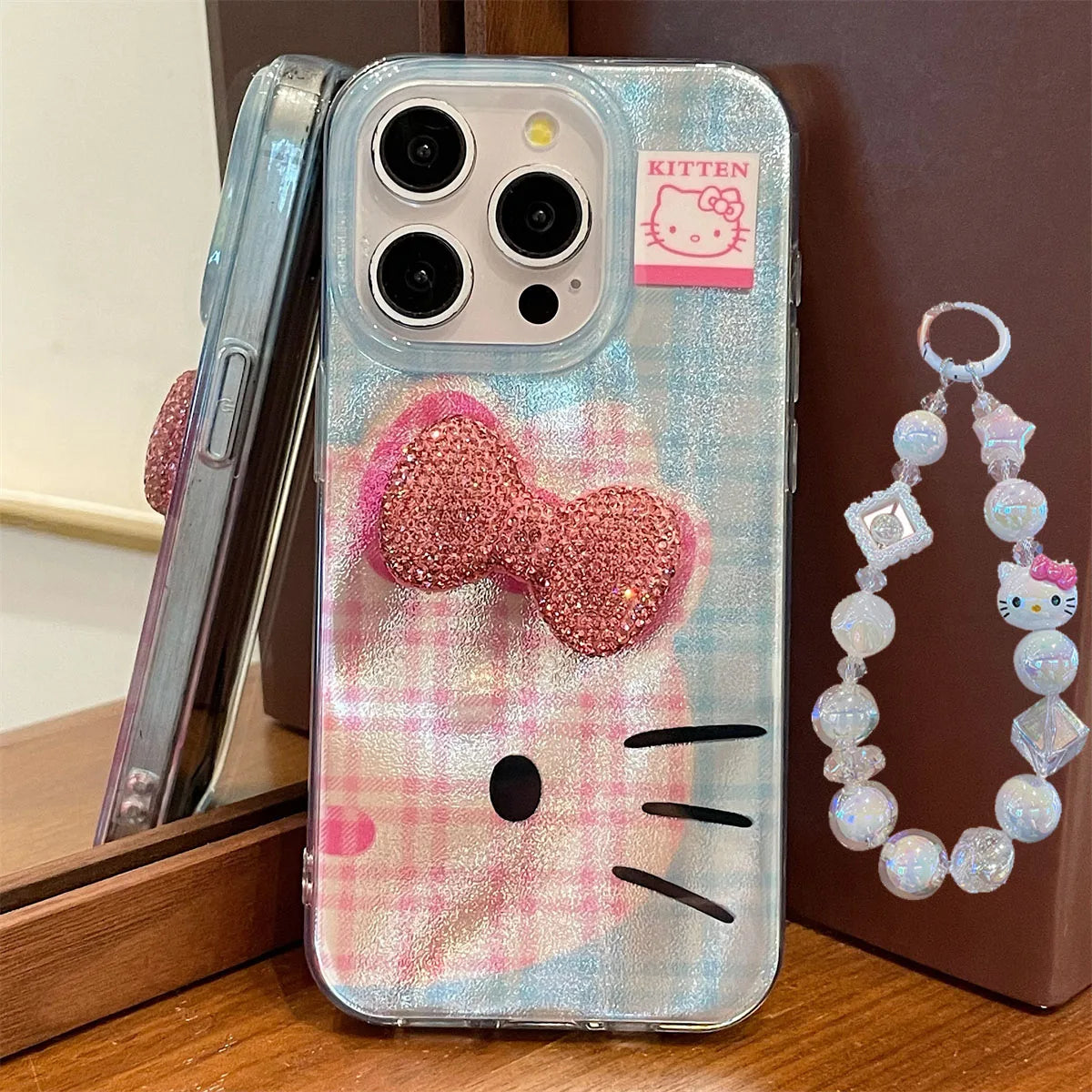 Charming Hello Kitty Glitter Bow Phone Case | Grid Pattern with a Touch of Sparkle