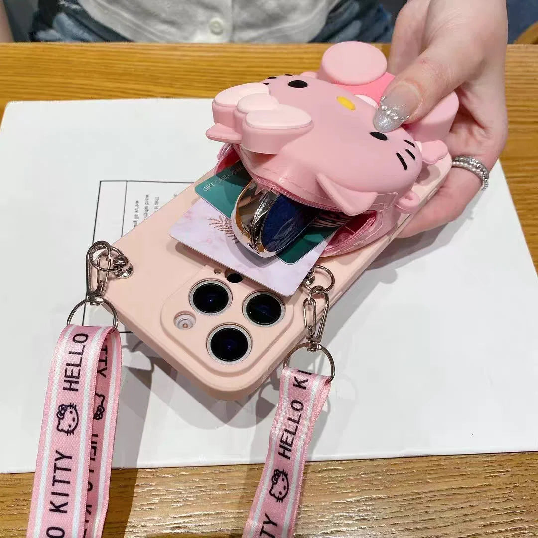 Cute Hello Kitty Wallet Phone Cover with Hanging Rope