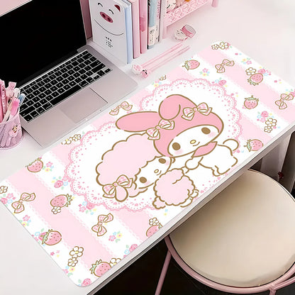 Cute and functional My Melody desk mat – perfect as a mousepad and table protector.