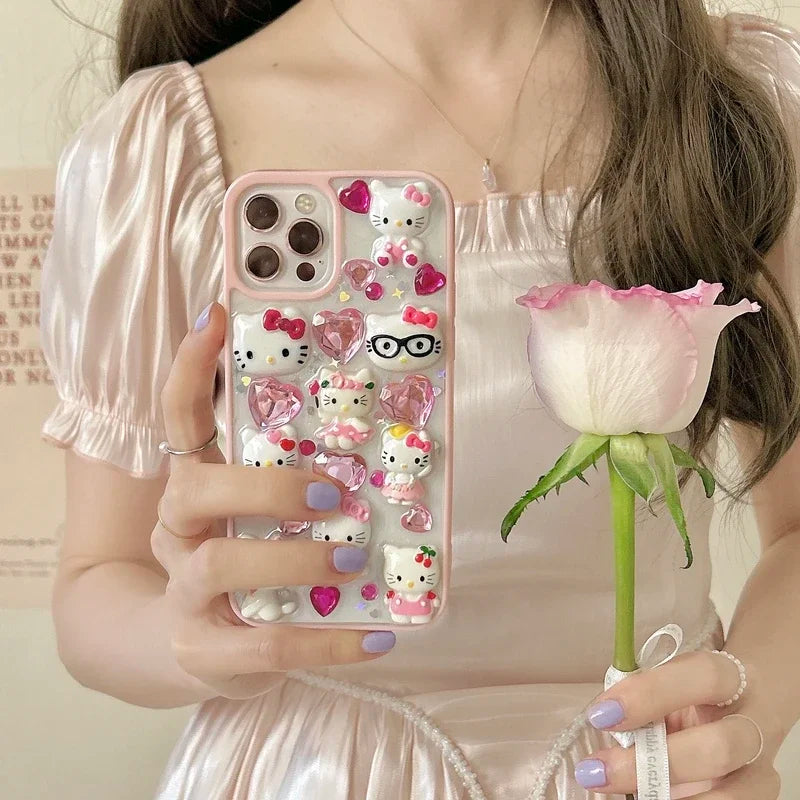 Diamond-Accented Transparent Phone Case | 3D Hello Kitty Design