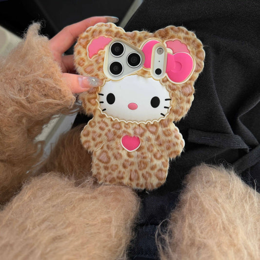 Fluffy Plush Hello Kitty Leopard Print Phone Case | Cute Kawaii Soft Fur Cover