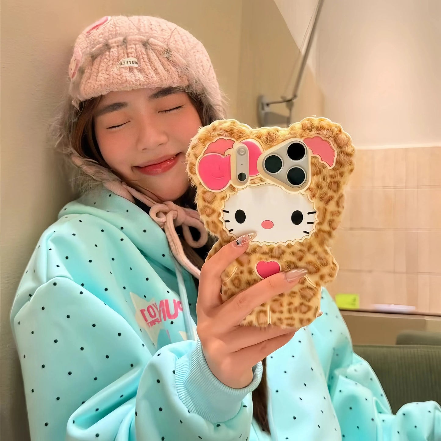 Sanrio Hello Kitty Leopard Print Faux Fur Phone Case