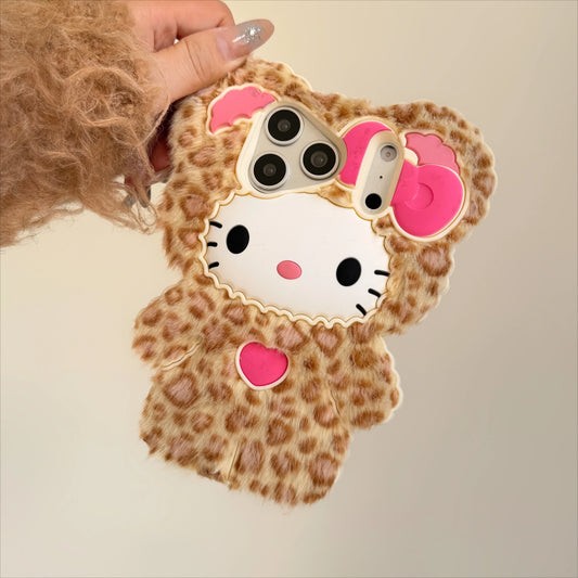 Hello Kitty Leopard Print Plush Phone Case | Cozy Fluffy Kawaii Cover