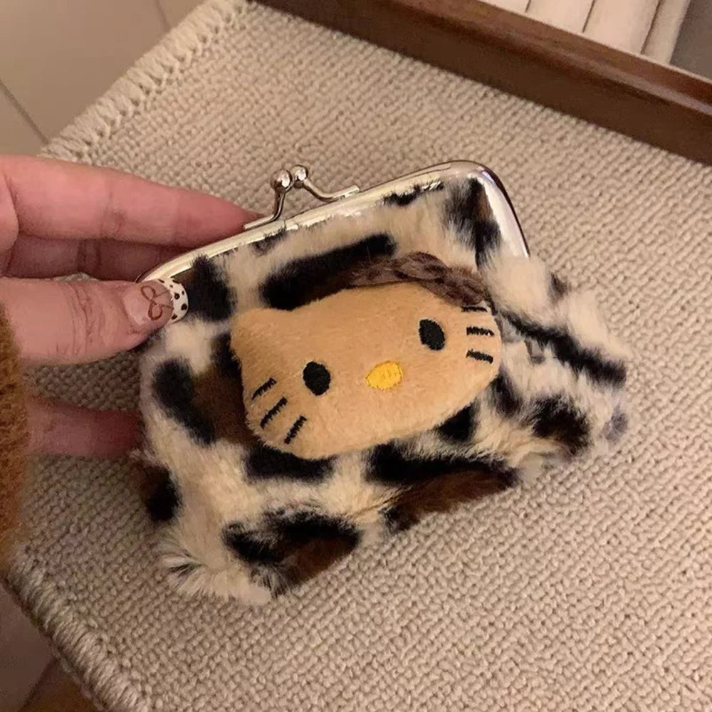 Hello Kitty Plush Coin Purse – Leopard Print with Gold Buckle