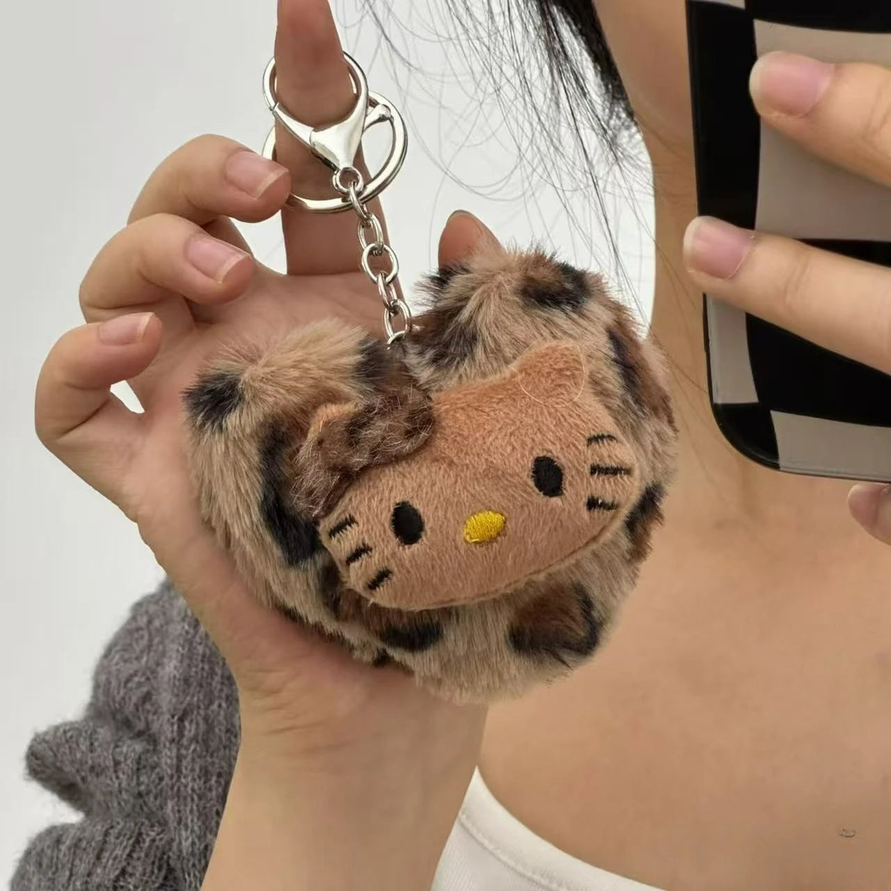 Hello Kitty Plush Keychain with Leopard Heart