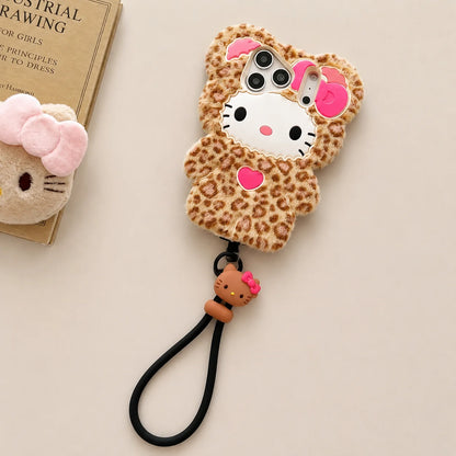 Hello Kitty Plush Leopard Print Phone Case | Soft Fuzzy Protective Cover