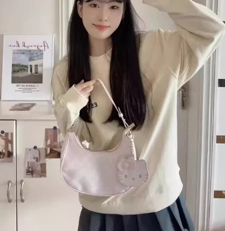 Hello Kitty Shoulder Bag with Zipper – Kawaii Sanrio Underarm Handbag