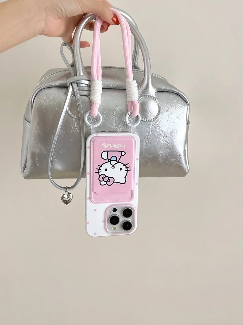 Hello Kitty Wave Point Card Wallet Phone Case with Lanyard