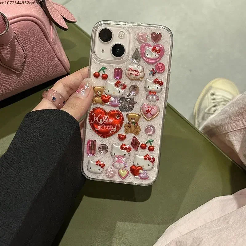 Kawaii Glitter Glow – 3D Hello Kitty Clear Phone Shell