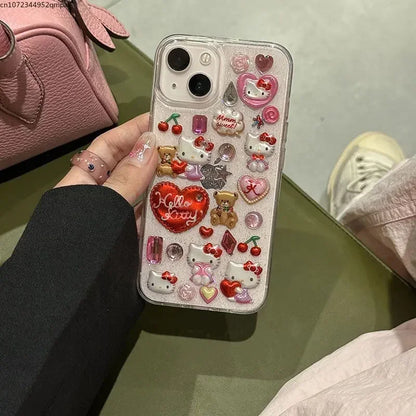 Kawaii Glitter Glow – 3D Hello Kitty Clear Phone Shell