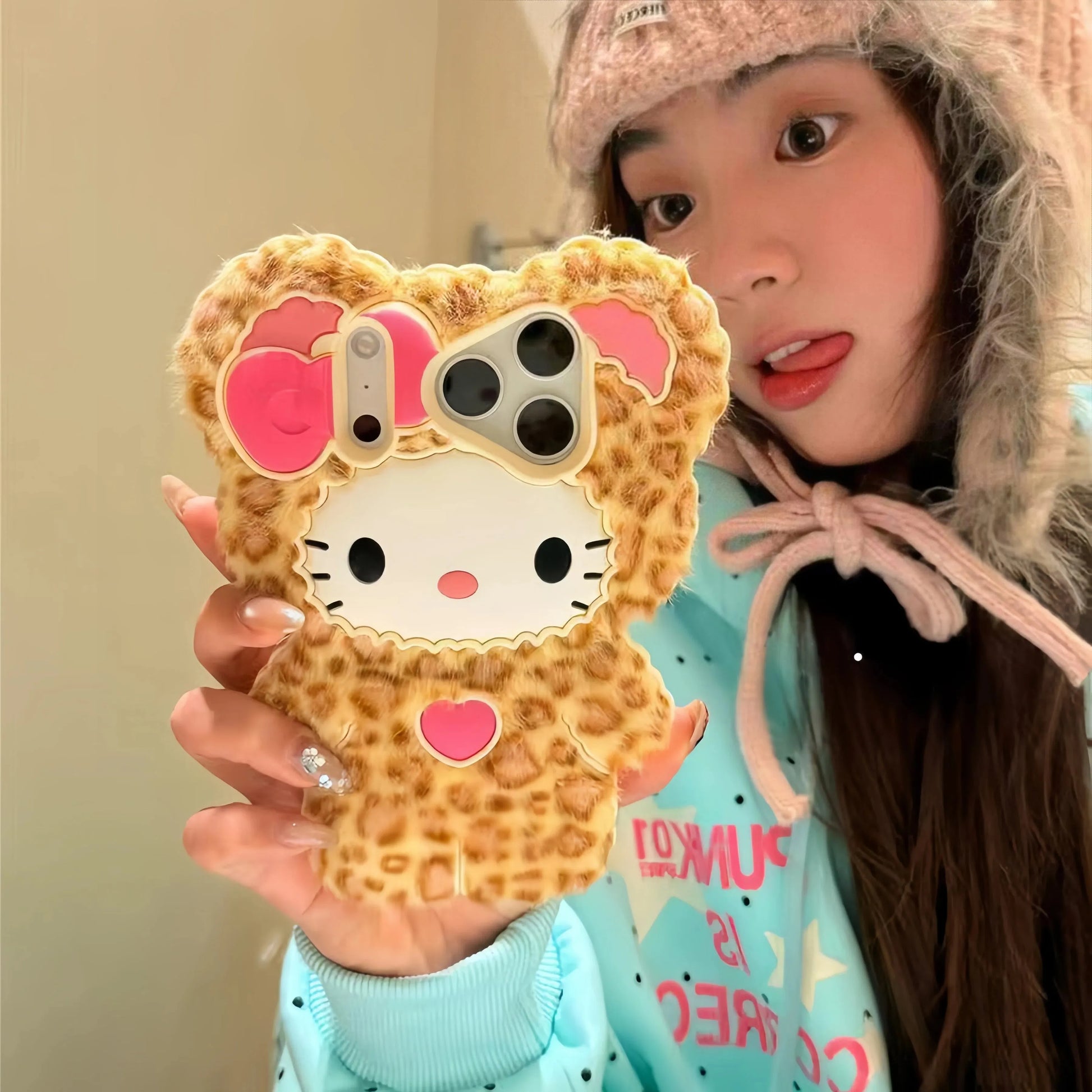 Kawaii Hello Kitty Fluffy Animal Print Phone Case | Cozy Plush Cover