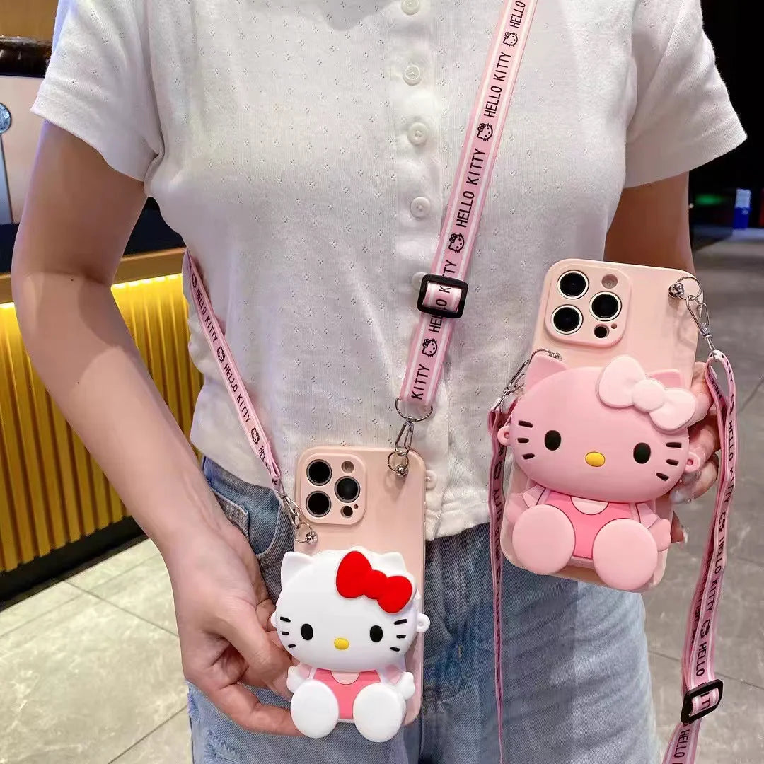 Kawaii Hello Kitty Phone Wallet Case with Lanyard Rope