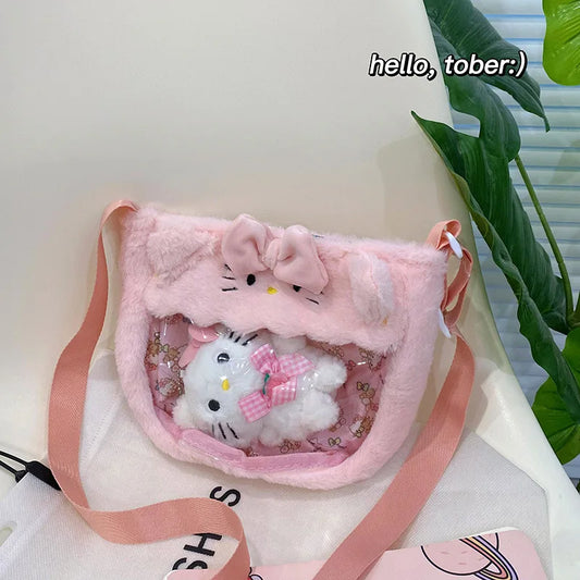 Kawaii Plush Hello Kitty Bag – Clear Panel Crossbody for Fans