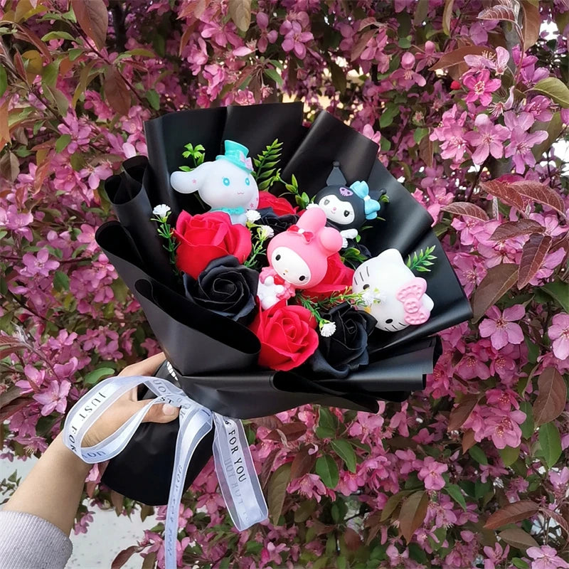 Sanrio Cinnamoroll Plush Bouquet, adorned with delicate black and white rose soap flowers