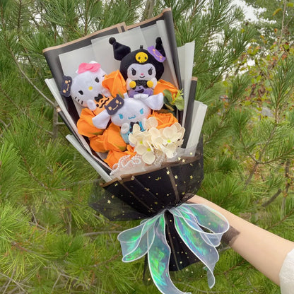 Sanrio Plush Bouquet with Vibrant Orange Roses | Enchanting Halloween Design  (Hello Kitty, Kuromi, Cinnamoroll)