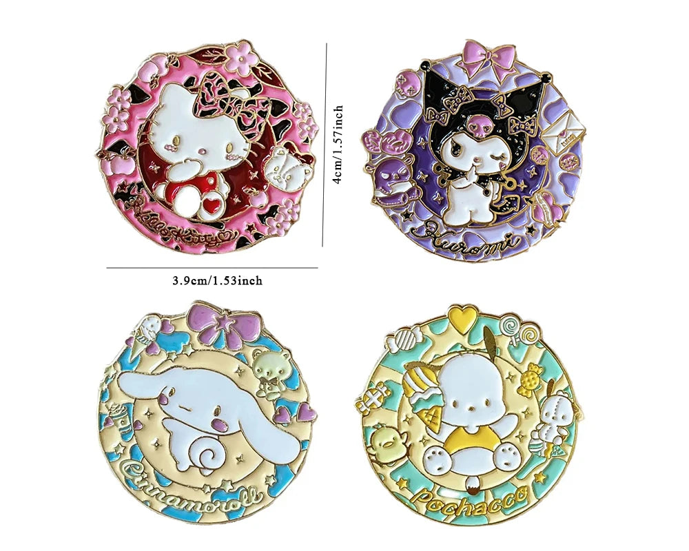 Colorful Badges Featuring the Beloved Characters: Hello Kitty, Kuromi, Pochacco, and Cinnamoroll